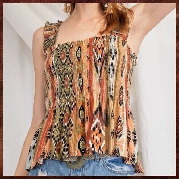 📌 EASEL Smocked Stretchy Sleeveless Bodice, Pleated Peplum Aztec Print Top - Picture 9 of 12